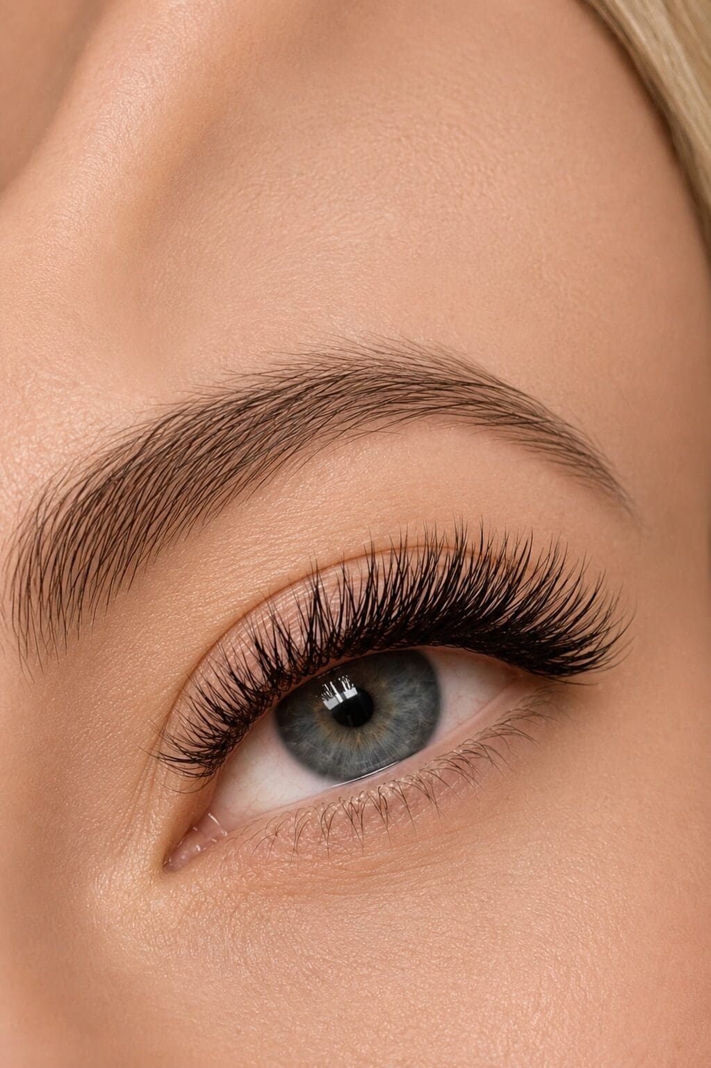 Close-up of eye with long eyelashes.